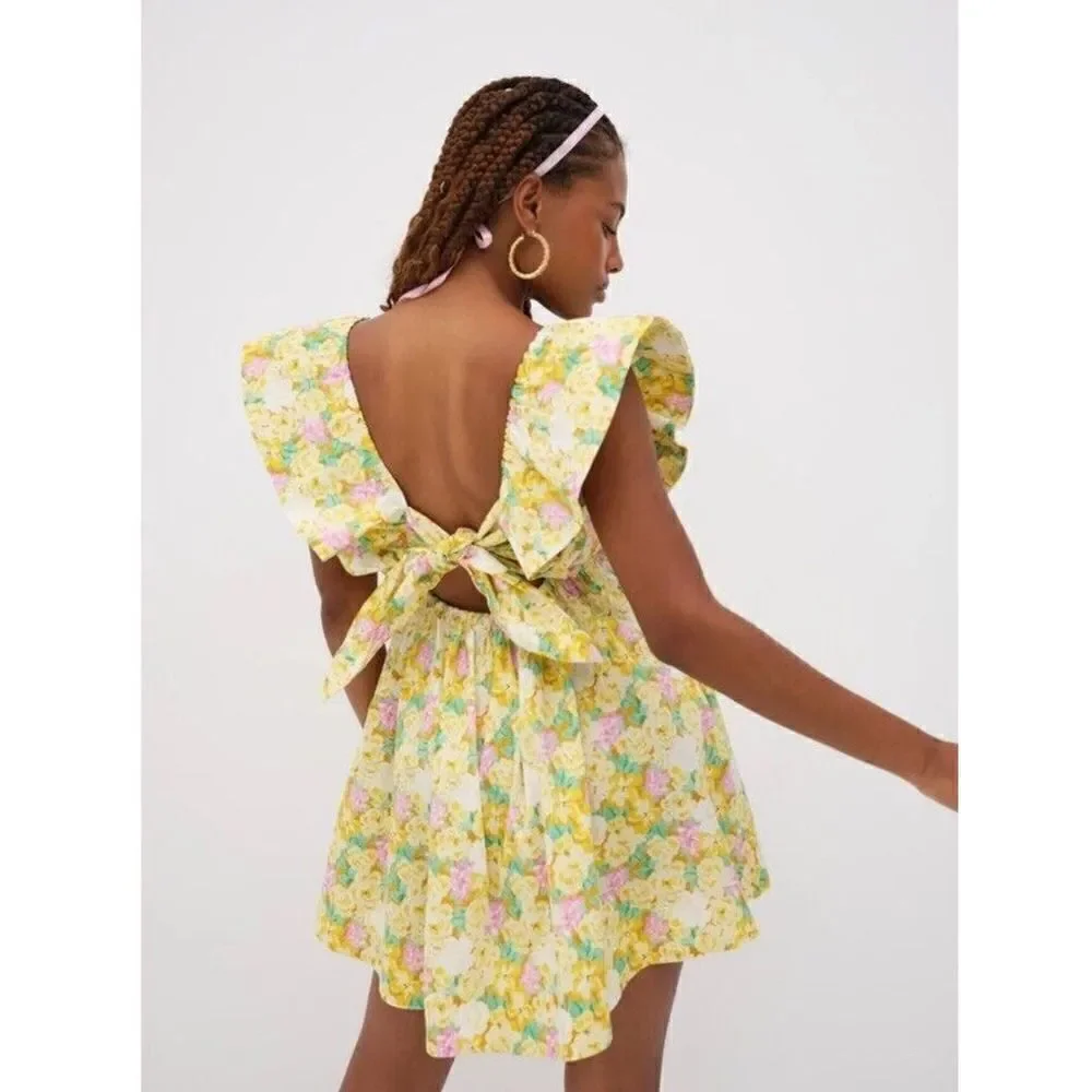 For Love & Lemons Tamra Yellow Floral Cotton Mini Dress Size 1X NWT $248